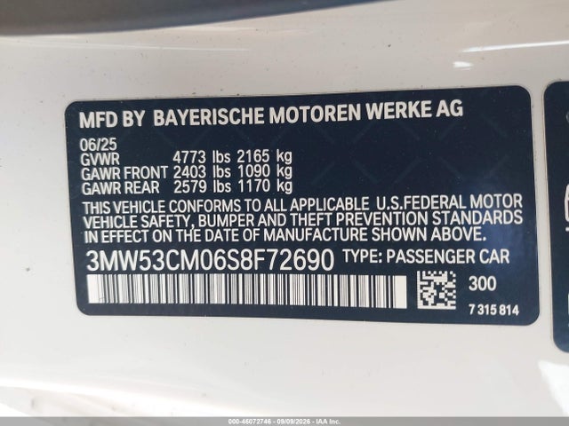 46072746 :رقم المزاد ، 3MW53CM06S8F72690 vin ، 2025 Bmw M240 I Xdrive مزاد بيع