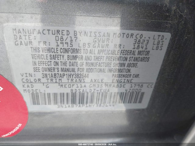2017 Nissan Sentra Sv მანქანა იყიდება აუქციონზე, vin: 3N1AB7AP1HY382644, აუქციონის ნომერი: 46072748