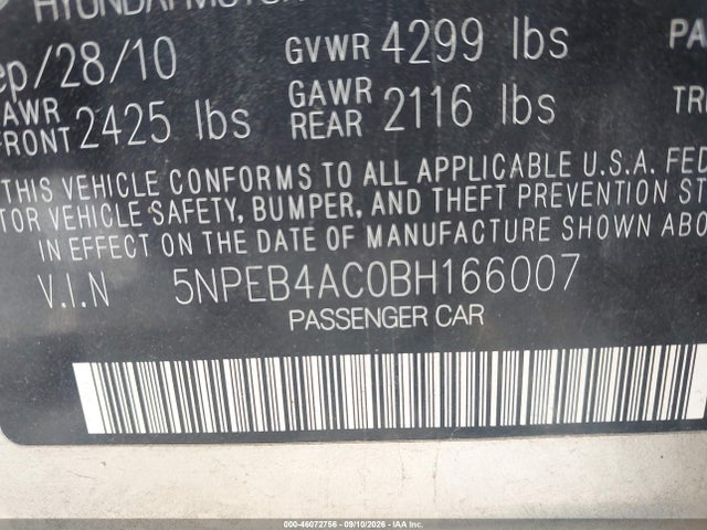 Aukcja sprzedaży 2011 Hyundai Sonata Gls, vin: 5NPEB4AC0BH166007, numer aukcji: 46072756