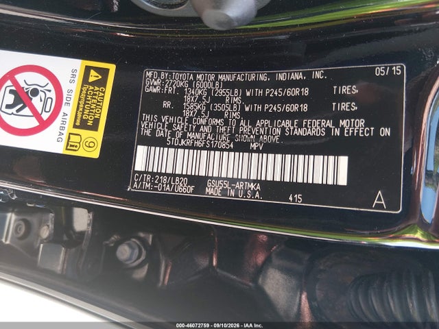Aukcja sprzedaży 2015 Toyota Highlander Xle V6, vin: 5TDJKRFH6FS170854, numer aukcji: 46072759