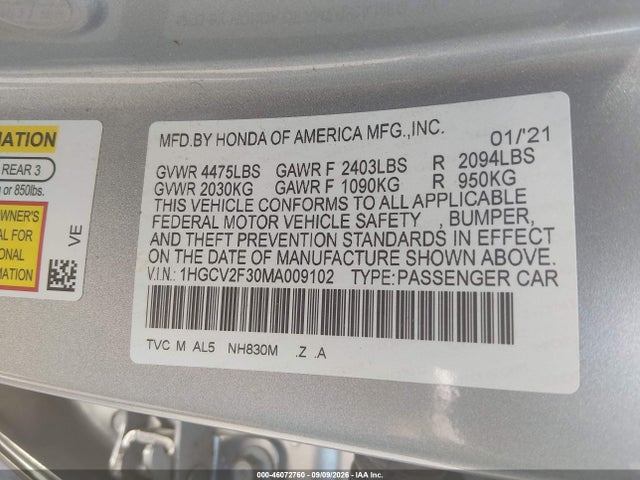 Продажа на аукционе авто 2021 Honda Accord Sport 2.0t, vin: 1HGCV2F30MA009102, номер лота: 46072760