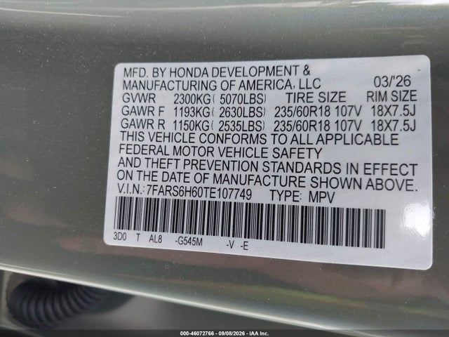 Aukcja sprzedaży 2026 Honda Cr-v Hybrid Awd Trailsport, vin: 7FARS6H60TE107749, numer aukcji: 46072766