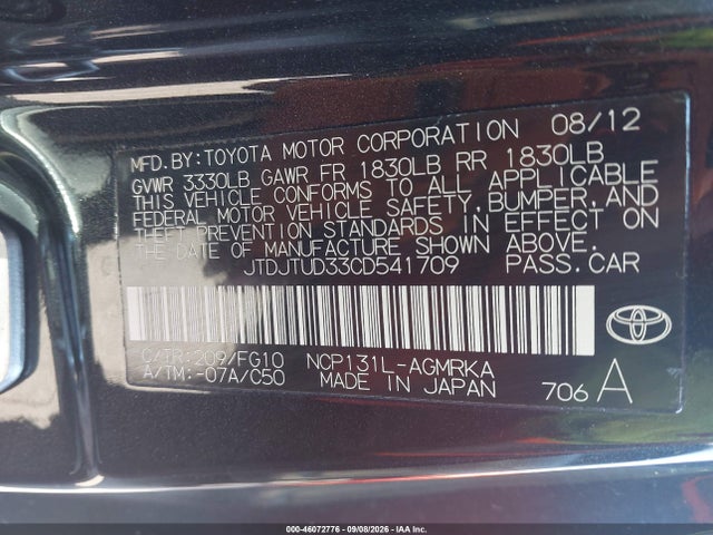 Aukcja sprzedaży 2012 Toyota Yaris L, vin: JTDJTUD33CD541709, numer aukcji: 46072776