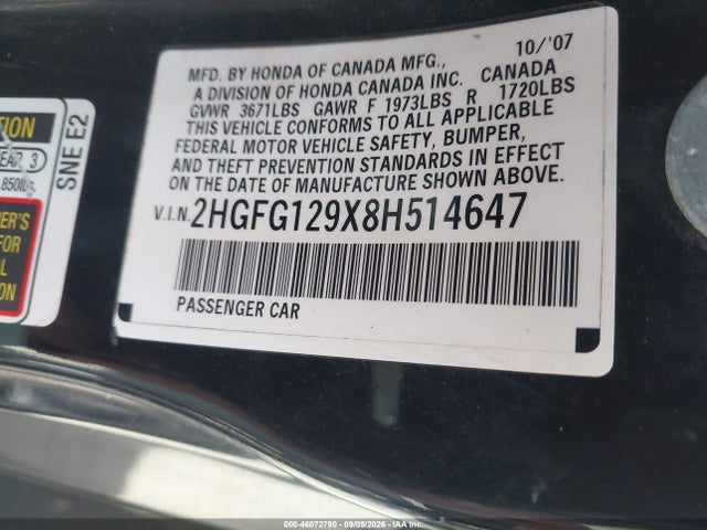 46072790 :رقم المزاد ، 2HGFG129X8H514647 vin ، 2008 Honda Civic Ex-l مزاد بيع