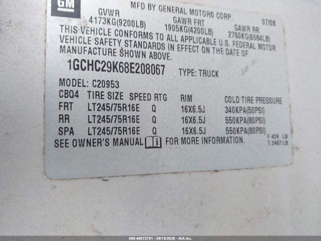 46072791 :رقم المزاد ، 1GCHC29K68E208067 vin ، 2008 Chevrolet Silverado 2500hd Work Truck مزاد بيع