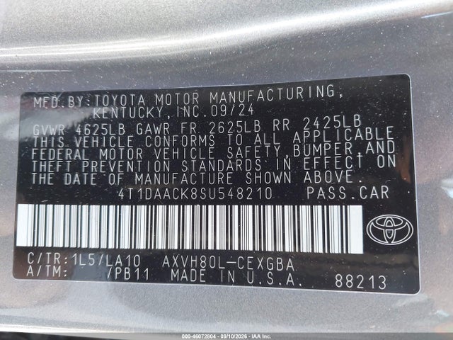 46072804 :رقم المزاد ، 4T1DAACK8SU548210 vin ، 2025 Toyota Camry Xle مزاد بيع
