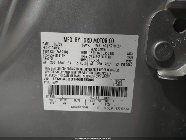 Aukcja sprzedaży 2022 Ford Explorer, vin: 1FMSK8BB1NGB55005, numer aukcji: 46072816