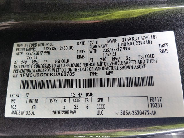 Продажа на аукционе авто 2019 Ford Escape Se, vin: 1FMCU9GD0KUA60785, номер лота: 46072818