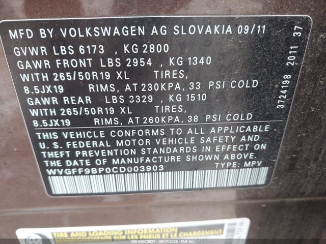 Продаж на аукціоні авто 2012 Volkswagen Touareg Vr6 Lux, vin: WVGFF9BP0CD003903, номер лоту: 46072821
