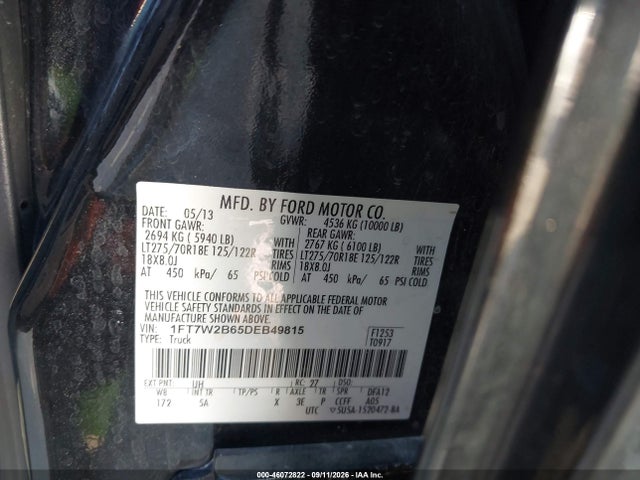 2013 Ford F-250 Lariat მანქანა იყიდება აუქციონზე, vin: 1FT7W2B65DEB49815, აუქციონის ნომერი: 46072822