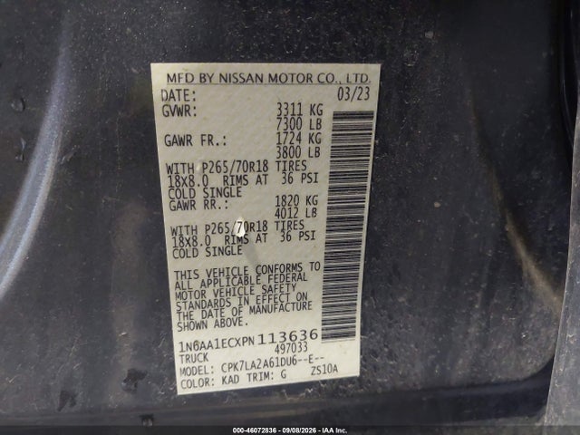 2023 Nissan Titan S 4x4 მანქანა იყიდება აუქციონზე, vin: 1N6AA1ECXPN113636, აუქციონის ნომერი: 46072836