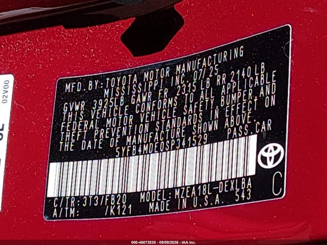 46072838 :رقم المزاد ، 5YFB4MDE0SP341529 vin ، 2025 Toyota Corolla Le مزاد بيع