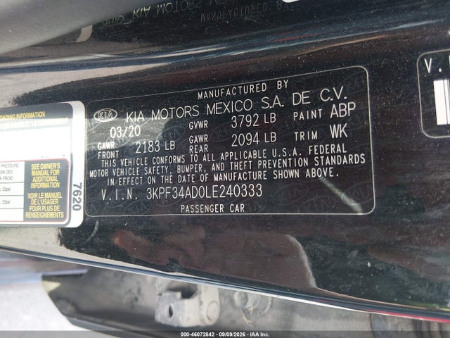 46072842 :رقم المزاد ، 3KPF34AD0LE240333 vin ، 2020 Kia Forte Gt-line مزاد بيع
