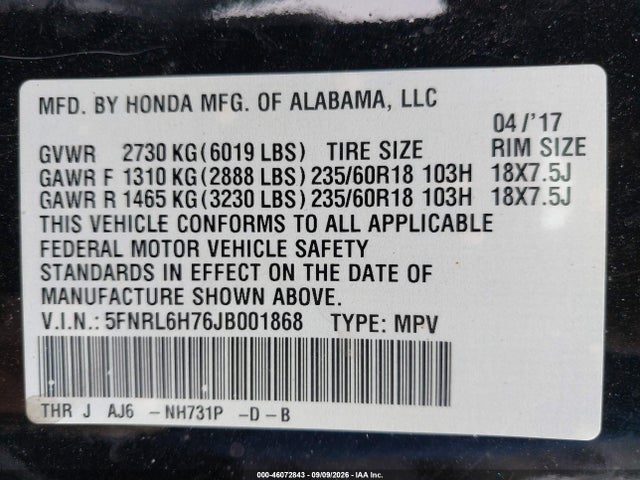 Auction sale of the 2018 Honda Odyssey Ex-l, vin: 5FNRL6H76JB001868, lot number: 46072843