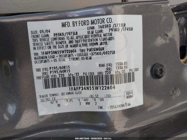 46072849 :رقم المزاد ، 1FAFP34N55W122604 vin ، 2005 Ford Focus Zx4 مزاد بيع