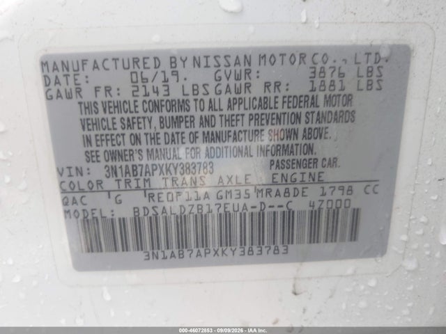2019 Nissan Sentra Sv მანქანა იყიდება აუქციონზე, vin: 3N1AB7APXKY383783, აუქციონის ნომერი: 46072853