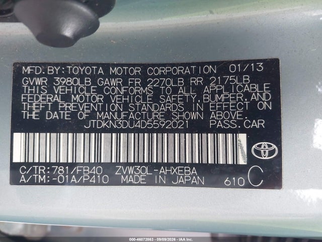 Продаж на аукціоні авто 2013 Toyota Prius Two, vin: JTDKN3DU4D5592021, номер лоту: 46072863