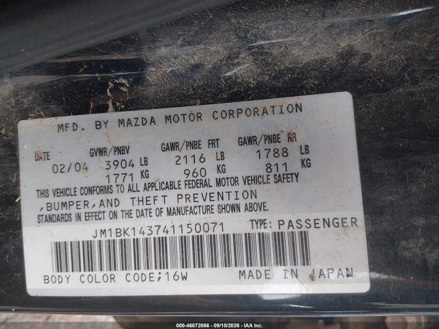 2004 Mazda Mazda3 S მანქანა იყიდება აუქციონზე, vin: JM1BK143741150071, აუქციონის ნომერი: 46072866