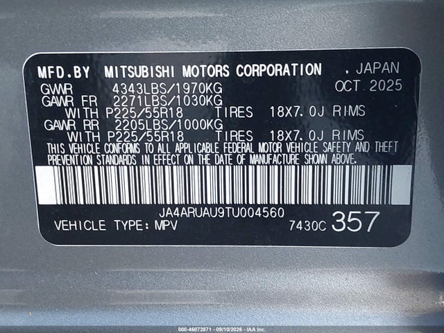 Aukcja sprzedaży 2026 Mitsubishi Outlander Sport 2.0 Es/2.0 Le/2.0 Ralliart/2.0 S/2.0 Se/2.0 Trail Edition, vin: JA4ARUAU9TU004560, numer aukcji: 46072871