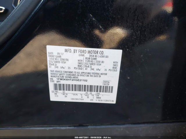 46072881 :رقم المزاد ، 1FM5K8HT2HGE21102 vin ، 2017 Ford Explorer Platinum مزاد بيع