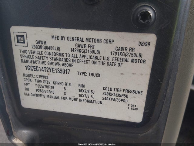 2000 Chevrolet Silverado 1500 Ls მანქანა იყიდება აუქციონზე, vin: 1GCEC14T2YE135017, აუქციონის ნომერი: 46072905