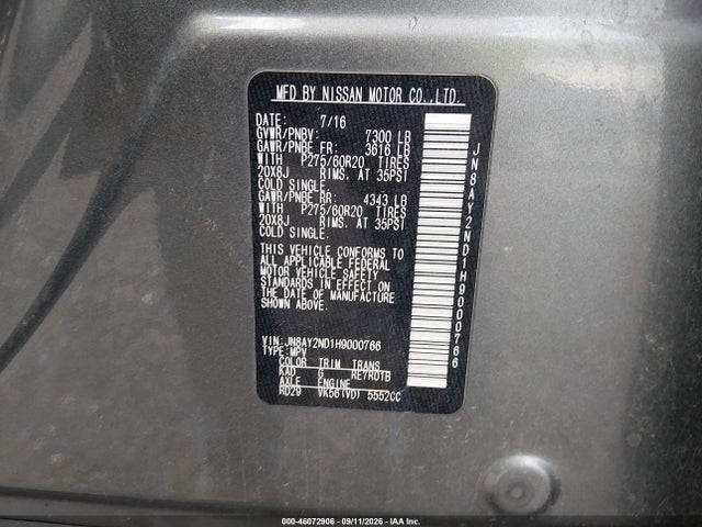 Продажа на аукционе авто 2017 Nissan Armada Platinum, vin: JN8AY2ND1H9000766, номер лота: 46072906