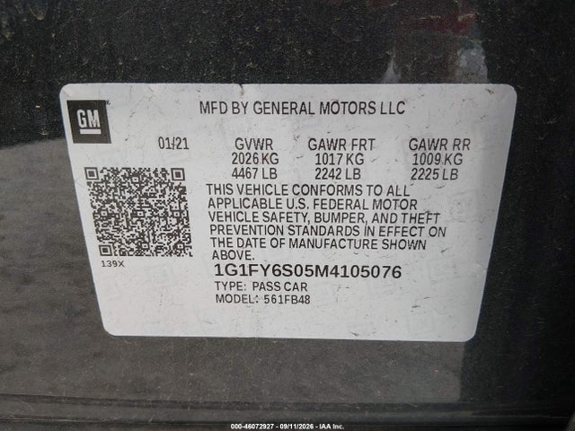 Aukcja sprzedaży 2021 Chevrolet Bolt Ev Fwd Lt, vin: 1G1FY6S05M4105076, numer aukcji: 46072927