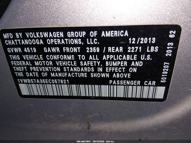 46072931 :رقم المزاد ، 1VWBS7A35EC057821 vin ، 2014 Volkswagen Passat 1.8t Se مزاد بيع