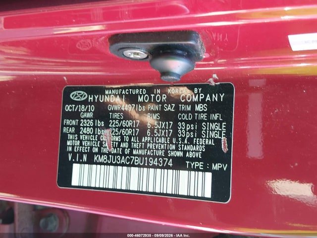 Продажа на аукционе авто 2011 Hyundai Tucson Gls, vin: KM8JU3AC7BU194374, номер лота: 46072935