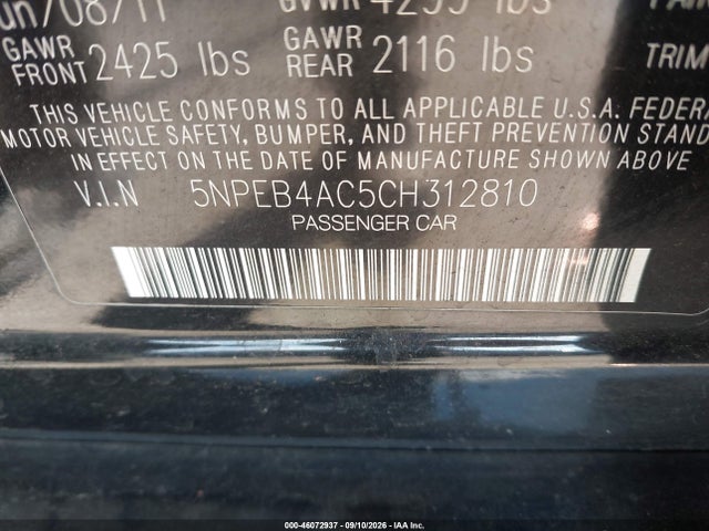 Продаж на аукціоні авто 2012 Hyundai Sonata Gls, vin: 5NPEB4AC5CH312810, номер лоту: 46072937