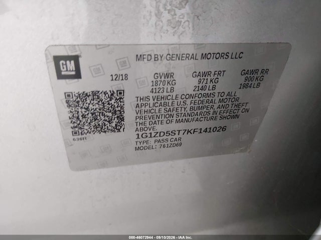 46072944 :رقم المزاد ، 1G1ZD5ST7KF141026 vin ، 2019 Chevrolet Malibu Lt مزاد بيع