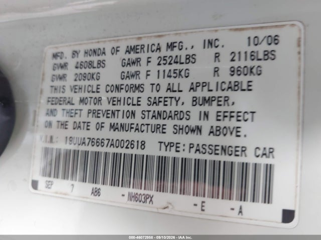 Продажа на аукционе авто 2007 Acura Tl Type S, vin: 19UUA76667A002618, номер лота: 46072958