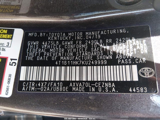 2019 Toyota Camry Le მანქანა იყიდება აუქციონზე, vin: 4T1B11HK7KU249999, აუქციონის ნომერი: 46072983