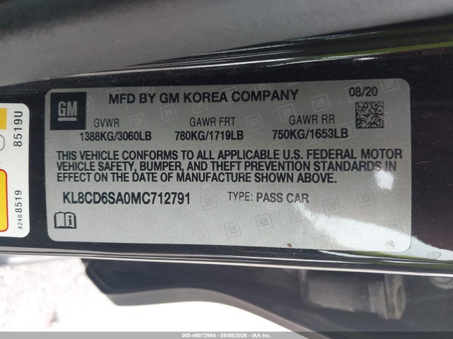 46072984 :رقم المزاد ، KL8CD6SA0MC712791 vin ، 2021 Chevrolet Spark Fwd 1lt Automatic مزاد بيع