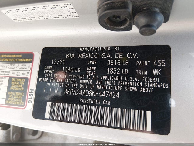 Aukcja sprzedaży 2022 Kia Rio Lx, vin: 3KPA24AD8NE447424, numer aukcji: 46072988