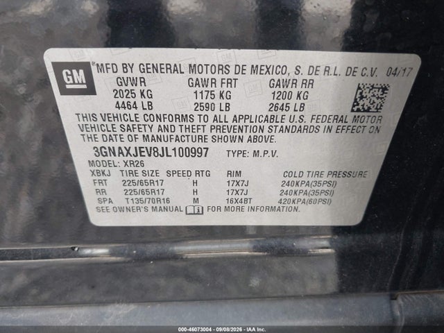 Aukcja sprzedaży 2018 Chevrolet Equinox Lt, vin: 3GNAXJEV8JL100997, numer aukcji: 46073004