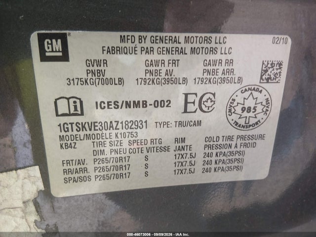 Продажа на аукционе авто 2010 Gmc Sierra 1500 Sle, vin: 1GTSKVE30AZ182931, номер лота: 46073006