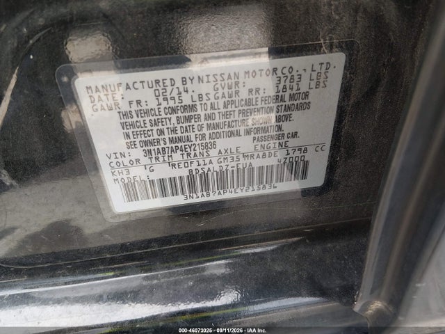 Auction sale of the 2014 Nissan Sentra Fe+ S/fe+ Sv/s/sl/sr/sv, vin: 3N1AB7AP4EY215836, lot number: 46073025