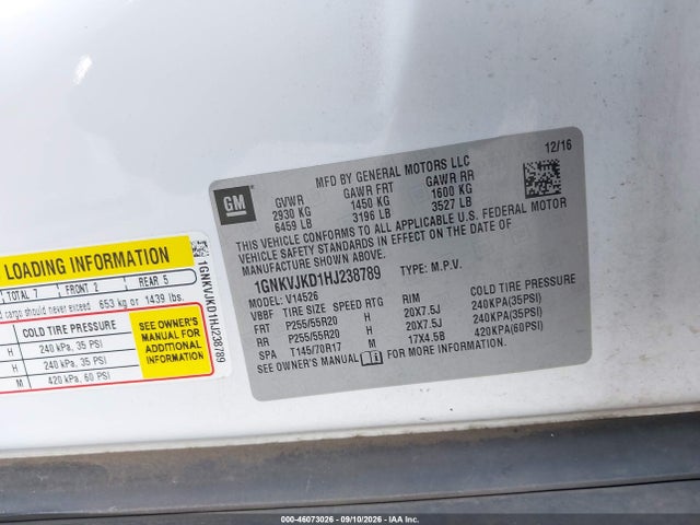2017 Chevrolet Traverse Premier მანქანა იყიდება აუქციონზე, vin: 1GNKVJKD1HJ238789, აუქციონის ნომერი: 46073026
