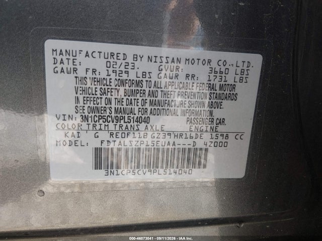 Продаж на аукціоні авто 2023 Nissan Kicks Sv Xtronic Cvt, vin: 3N1CP5CV9PL514040, номер лоту: 46073041