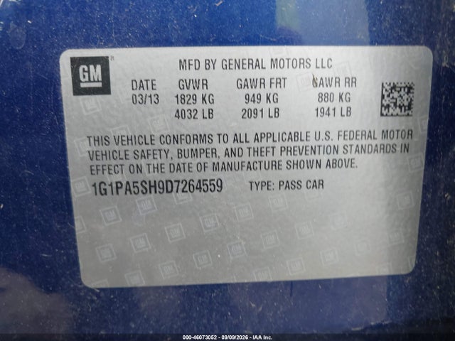 46073052 :رقم المزاد ، 1G1PA5SH9D7264559 vin ، 2013 Chevrolet Cruze Ls Auto مزاد بيع