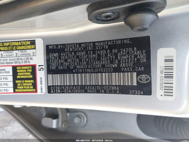 Aukcja sprzedaży 2018 Toyota Camry Le, vin: 4T1B11HK6JU103222, numer aukcji: 46073101