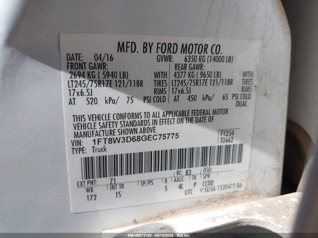 Продажа на аукционе авто 2016 Ford F-350 Xl, vin: 1FT8W3D68GEC75775, номер лота: 46073108