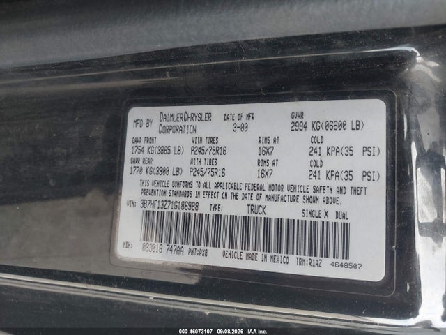 46073107 :رقم المزاد ، 3B7HF13Z71G186988 vin ، 2001 Dodge Ram 1500 St مزاد بيع
