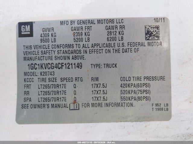 46073110 :رقم المزاد ، 1GC1KVCG4CF121149 vin ، 2012 Chevrolet Silverado 2500hd Work Truck مزاد بيع