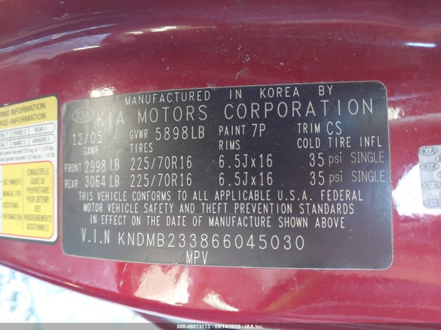 46073113 :رقم المزاد ، KNDMB233866045030 vin ، 2006 Kia Sedona Ex/lx مزاد بيع