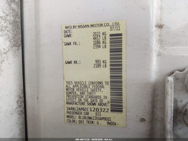 Продаж на аукціоні авто 2012 Nissan Altima 3.5 Sr, vin: 1N4BL2AP6CC120322, номер лоту: 46073120