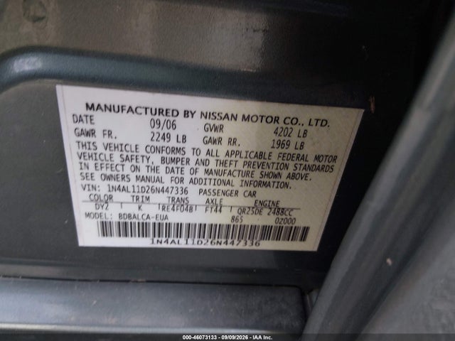 Продажа на аукционе авто 2006 Nissan Altima 2.5 S, vin: 1N4AL11D26N447336, номер лота: 46073133