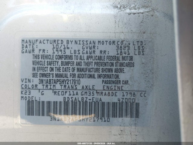 46073135 :رقم المزاد ، 3N1AB7AP5HY217910 vin ، 2017 Nissan Sentra S مزاد بيع