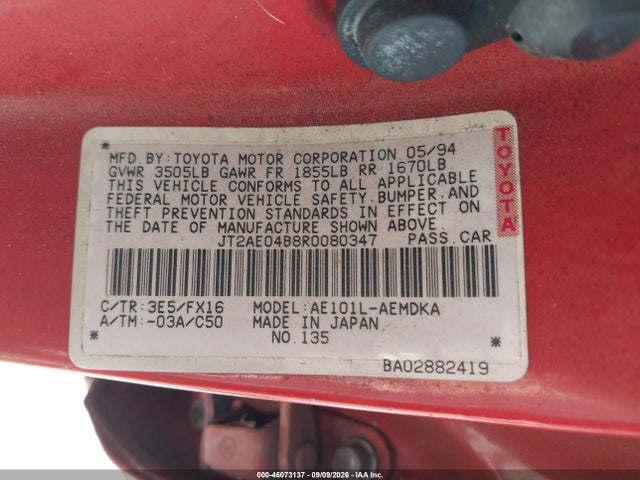 1994 Toyota Corolla მანქანა იყიდება აუქციონზე, vin: JT2AE04B8R0080347, აუქციონის ნომერი: 46073137